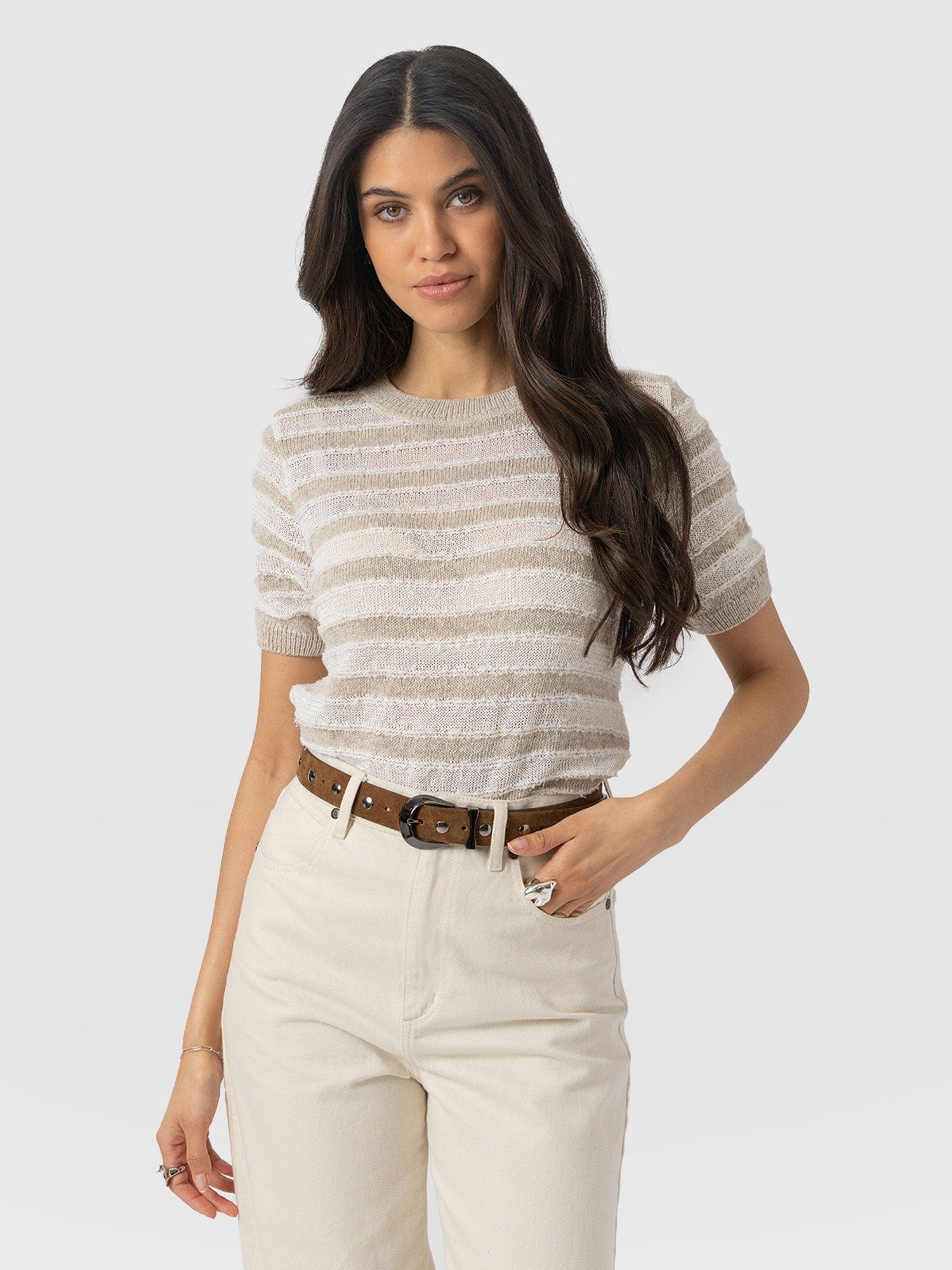 Fearne Knit Tee - Cream Stripe - Women's Knitwears | Saint + Sofia® USA